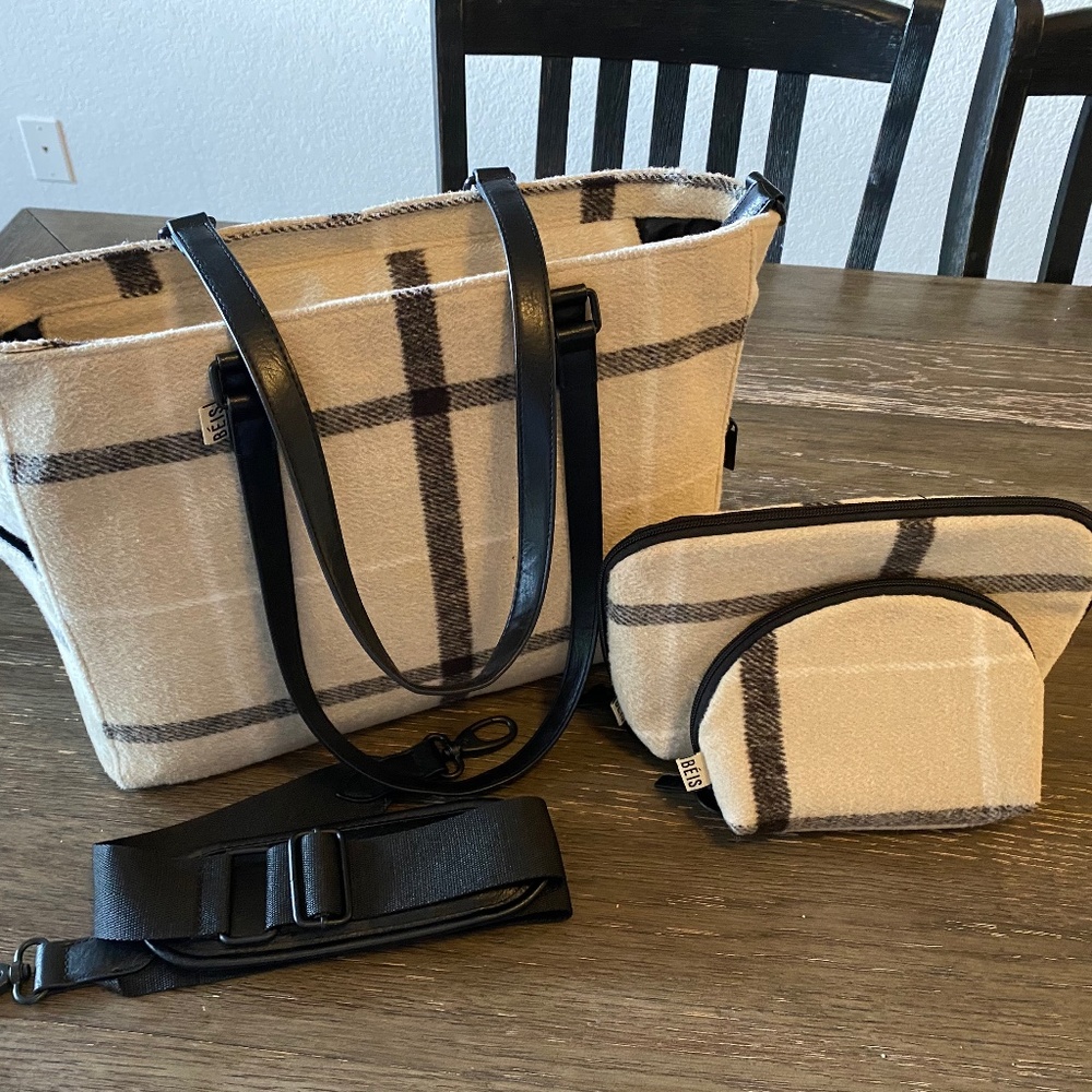 COPY - Beis Travel Limited Edition Plaid Work Tote & Cosmetic Set Bundle